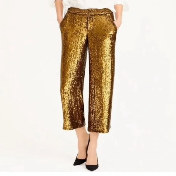 J.Crew Gold Sequin Crop Pants Women Sparkle Party Holiday Evening Ankle Trouser - Picture 3 of 8
